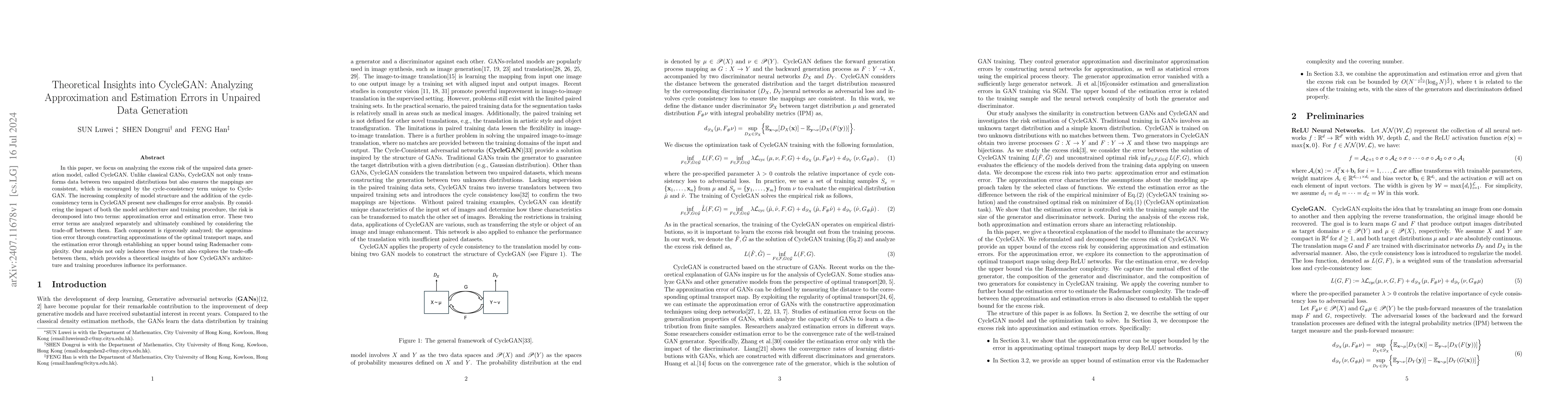 Thumbnail for Theoretical Insights into CycleGAN: Analyzing Approximation and
  Estimation Errors in Unpaired Data Generation