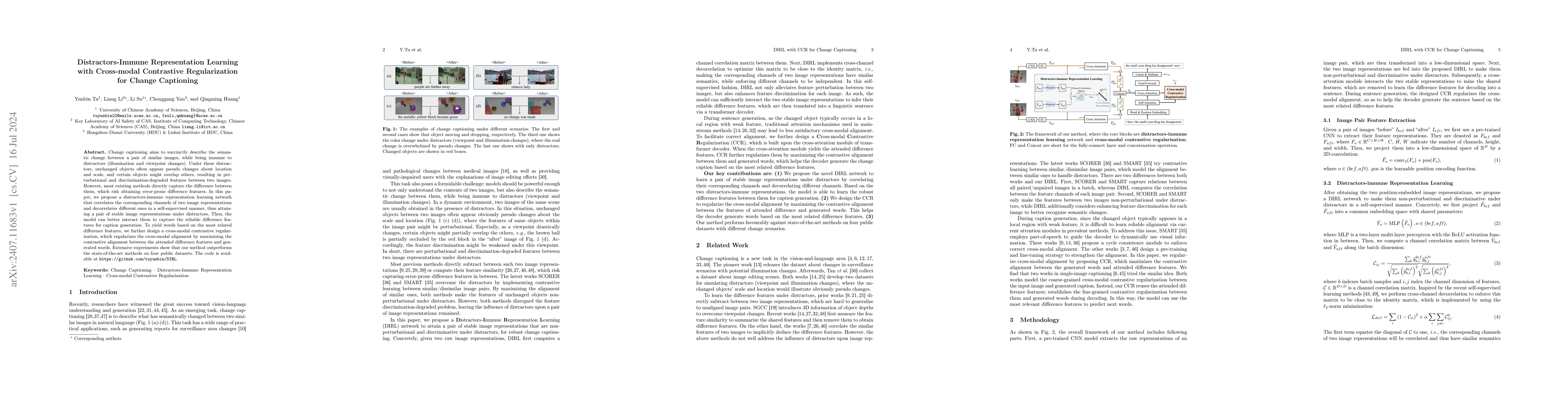 Thumbnail for Distractors-Immune Representation Learning with Cross-modal Contrastive
  Regularization for Change Captioning