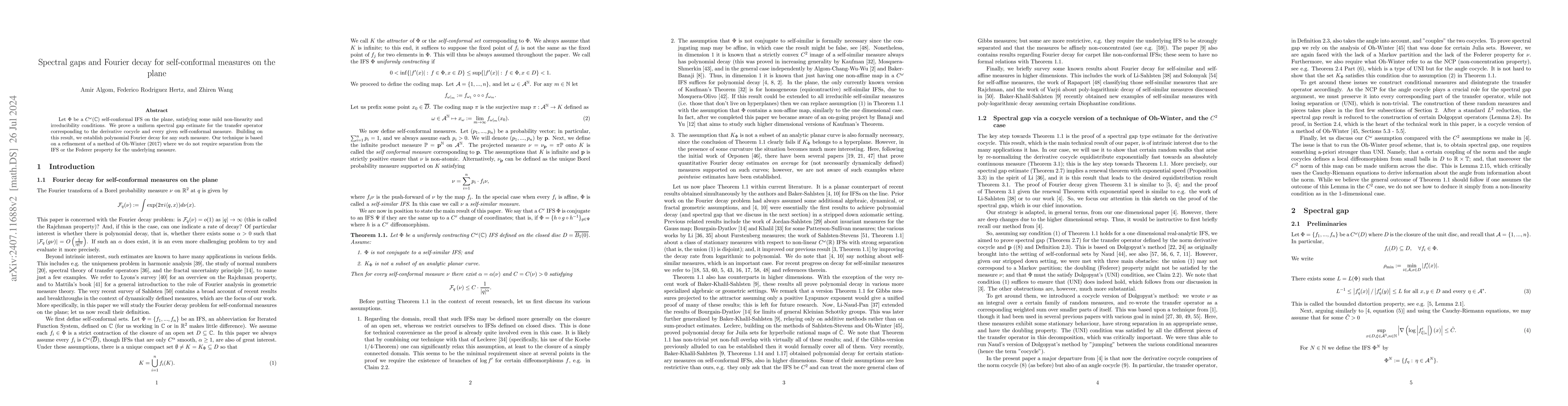 Thumbnail for Spectral gaps and Fourier decay for self-conformal measures in the plane