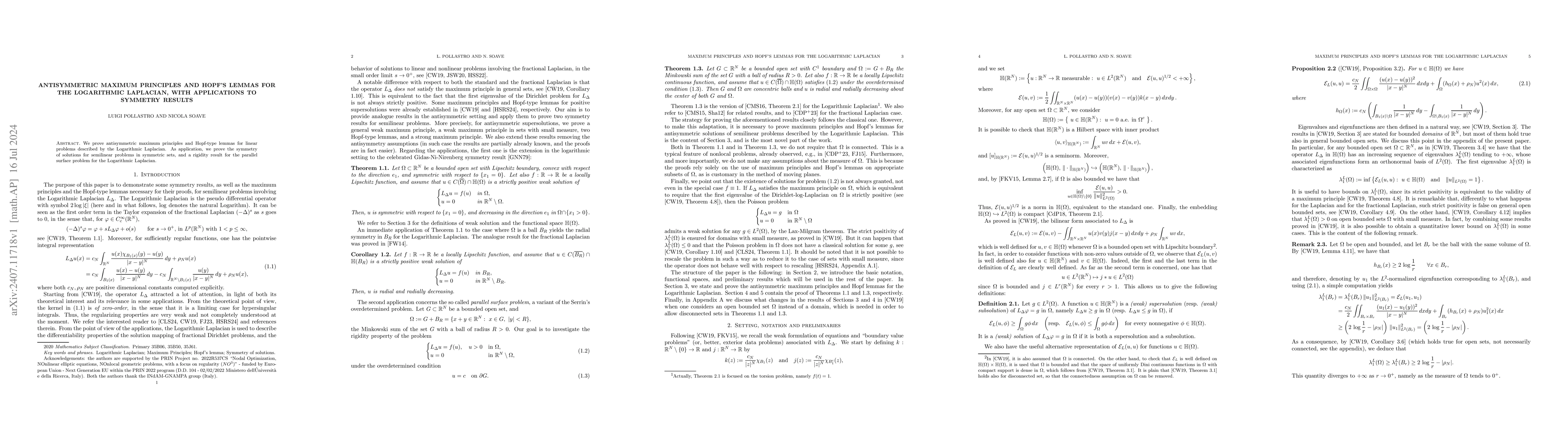Thumbnail for Antisymmetric maximum principles and Hopf's lemmas for the Logarithmic
  Laplacian, with applications to symmetry results