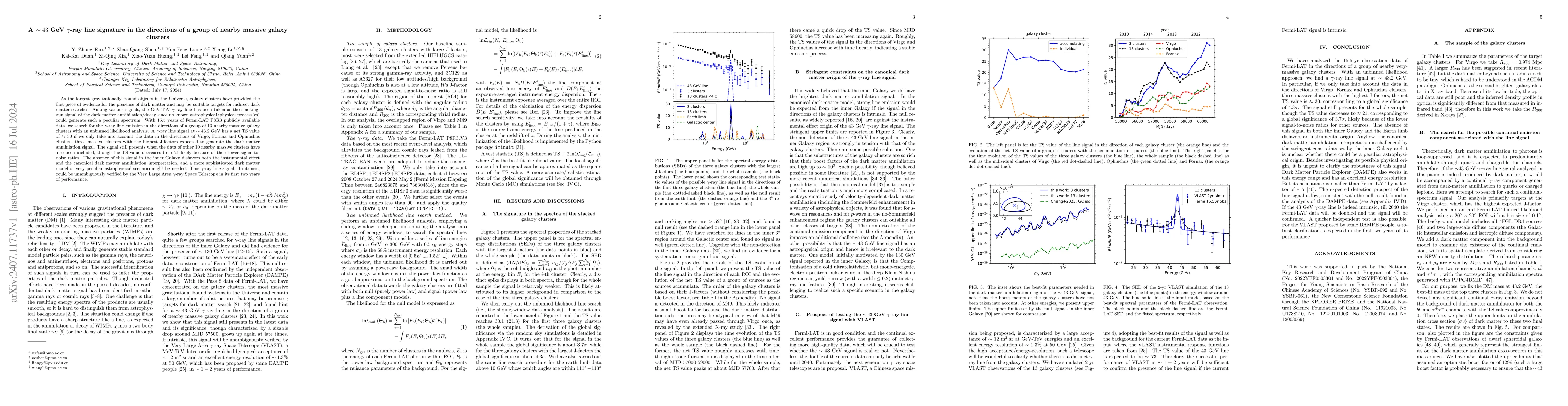 Thumbnail for A $\sim 43$ GeV $γ$-ray line signature in the directions of a group
  of nearby massive galaxy clusters