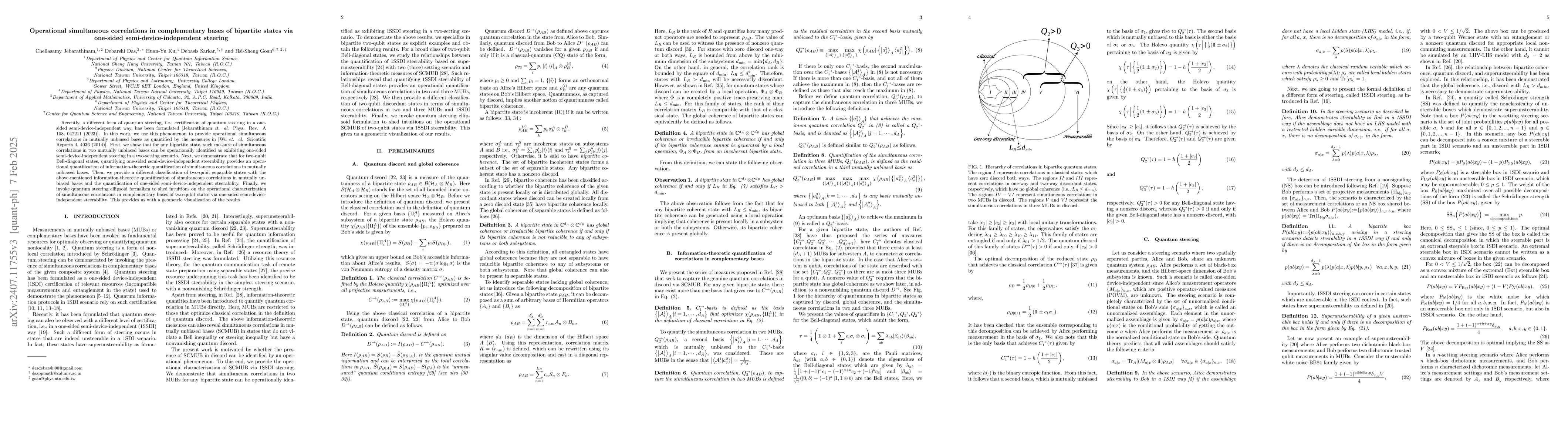 Thumbnail for Operational simultaneous correlations in complementary bases of
  bipartite states via one-sided semi-device-independent steering