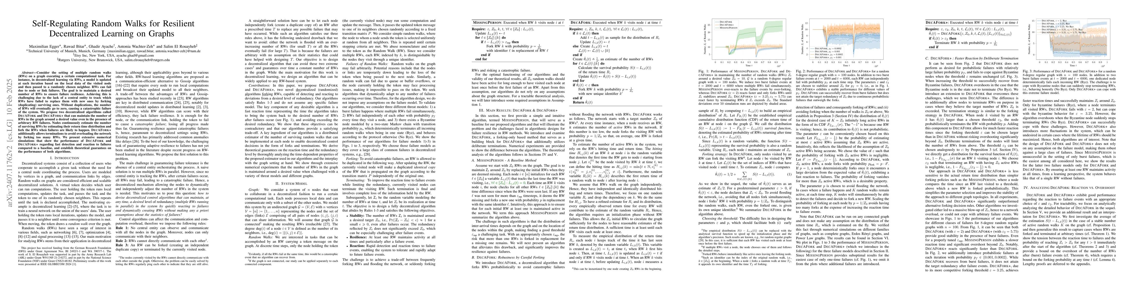 Thumbnail for Self-Duplicating Random Walks for Resilient Decentralized Learning on
  Graphs
