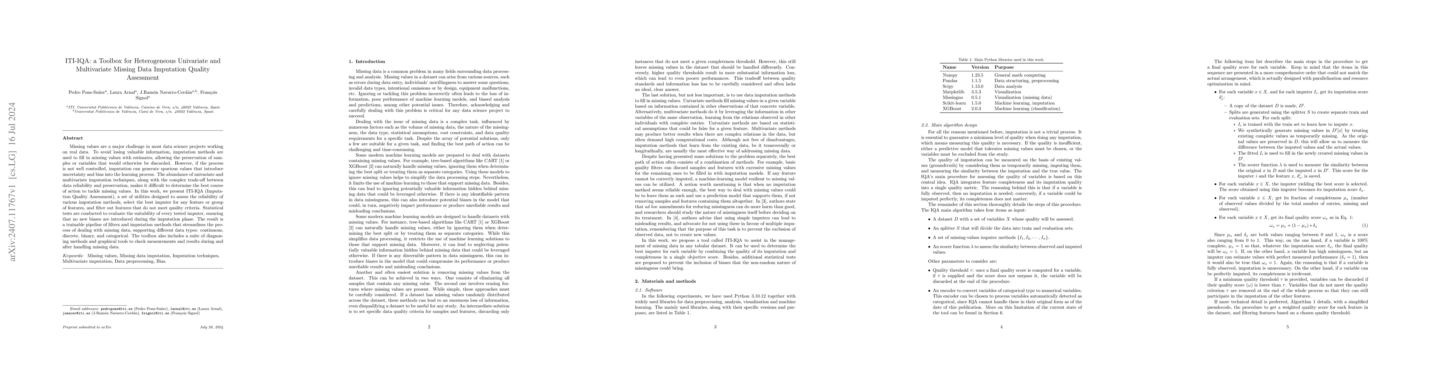 Thumbnail for ITI-IQA: a Toolbox for Heterogeneous Univariate and Multivariate Missing
  Data Imputation Quality Assessment