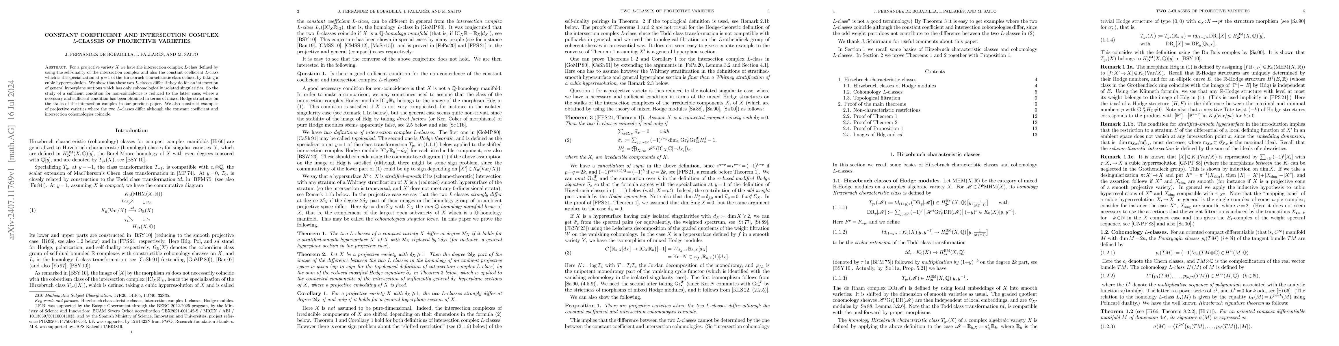 Thumbnail for Constant coefficient and intersection complex $L$-classes of projective
  varieties