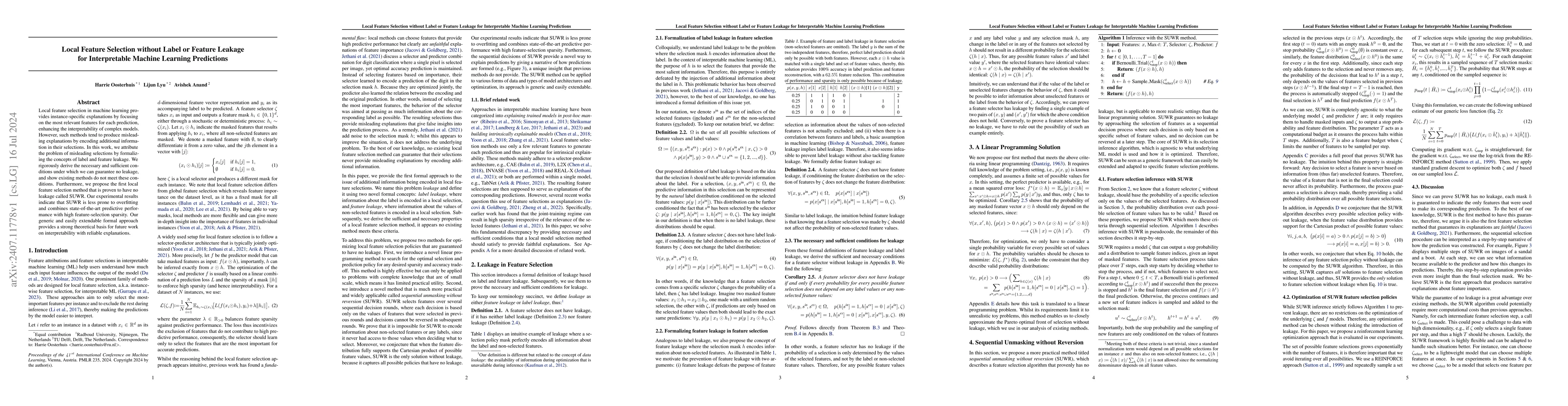 Thumbnail for Local Feature Selection without Label or Feature Leakage for
  Interpretable Machine Learning Predictions