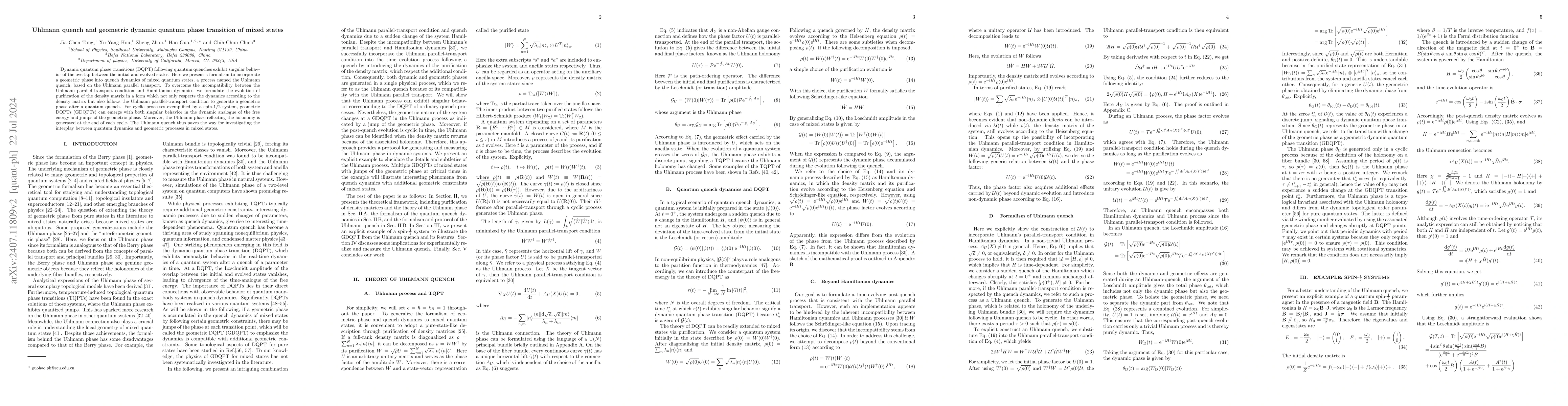 Thumbnail for Uhlmann quench and geometric dynamic quantum phase transition of mixed
  states