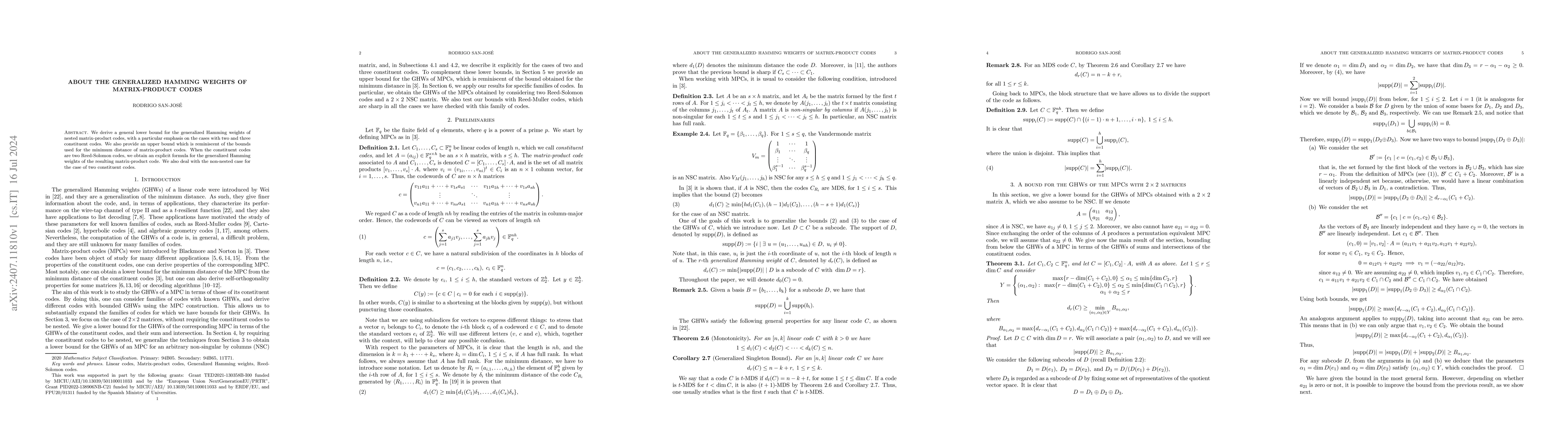 Thumbnail for About the generalized Hamming weights of matrix-product codes