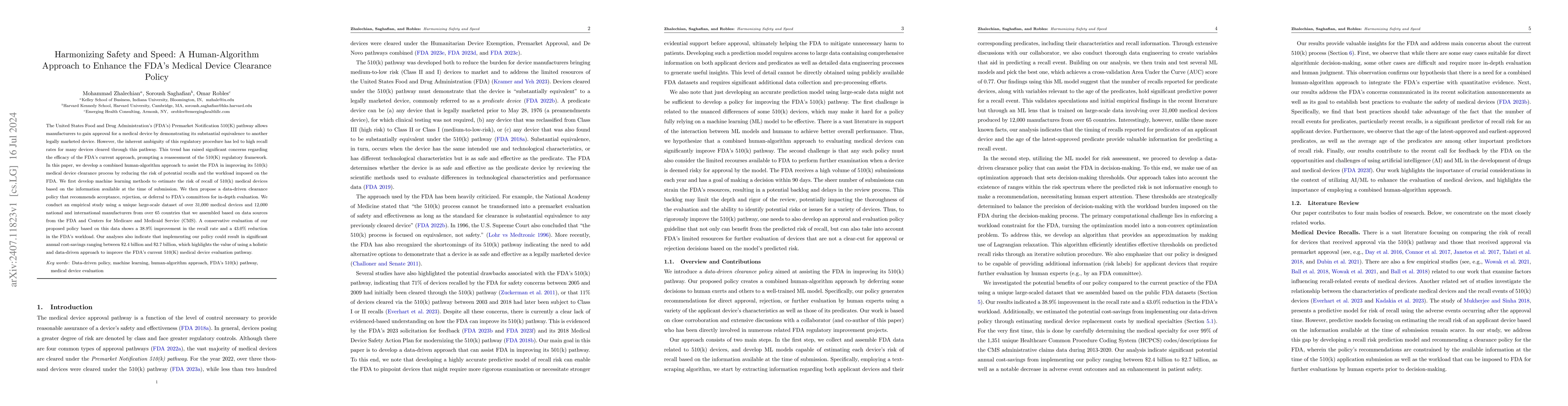 Thumbnail for Harmonizing Safety and Speed: A Human-Algorithm Approach to Enhance the
  FDA's Medical Device Clearance Policy