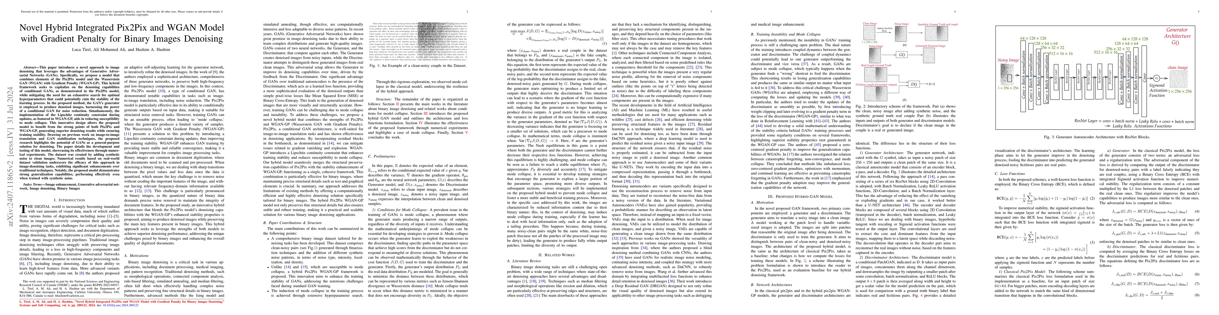 Thumbnail for Novel Hybrid Integrated Pix2Pix and WGAN Model with Gradient Penalty for
  Binary Images Denoising