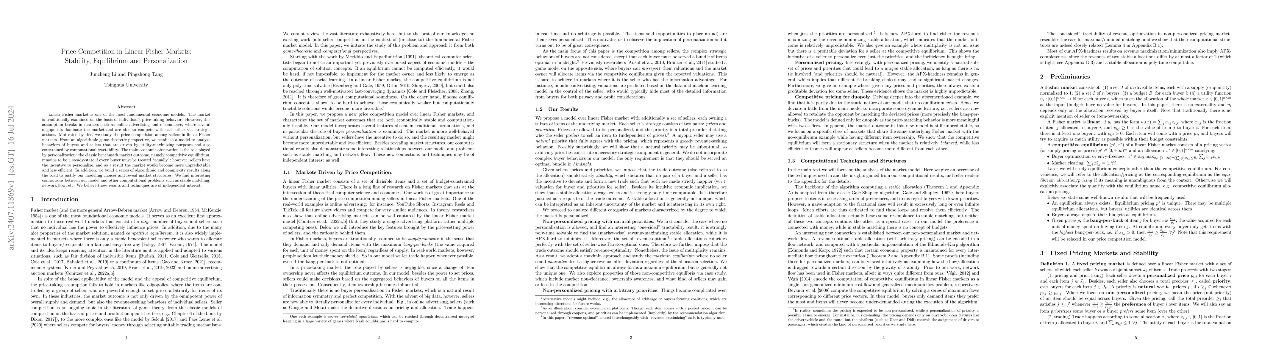 Thumbnail for Price Competition in Linear Fisher Markets: Stability, Equilibrium and
  Personalization