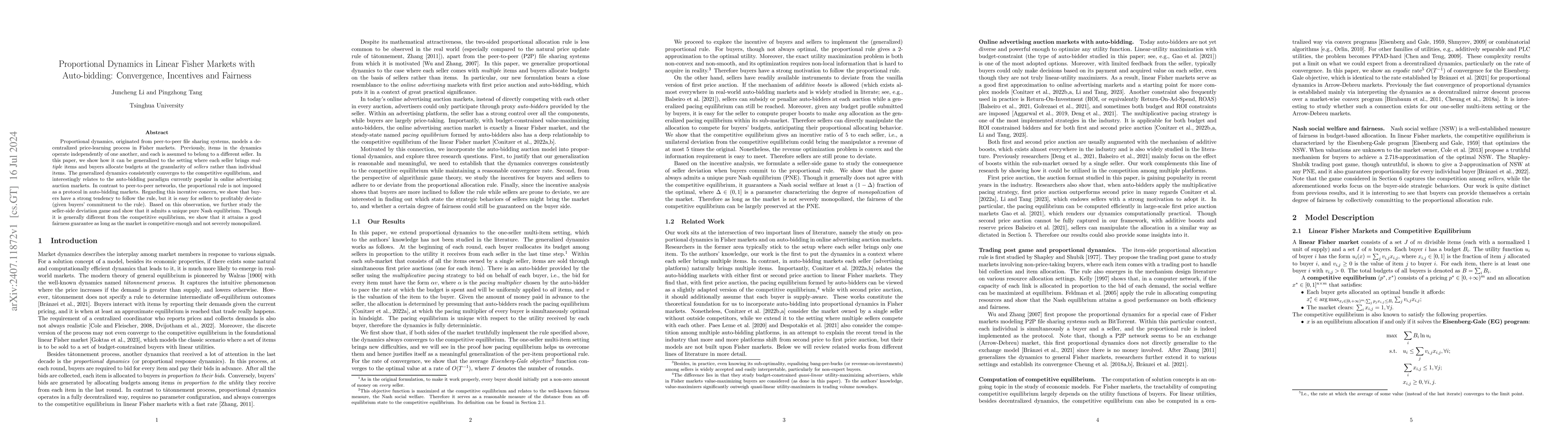Thumbnail for Proportional Dynamics in Linear Fisher Markets with Auto-bidding:
  Convergence, Incentives and Fairness