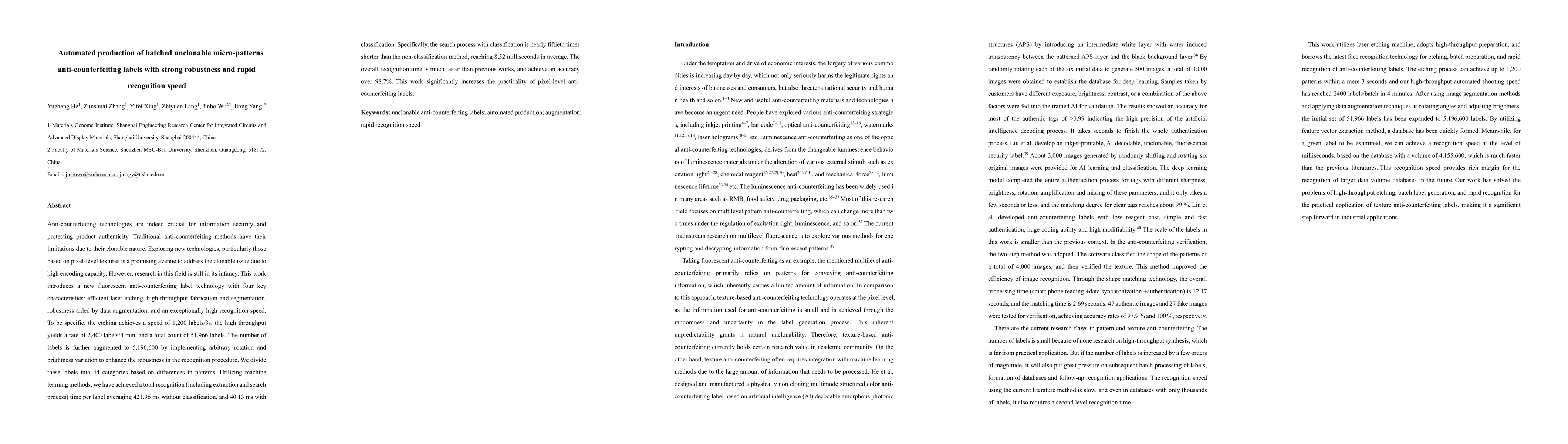 Thumbnail for Automated production of batched unclonable micro-patterns
  anti-counterfeiting labels with strong robustness and rapid recognition speed