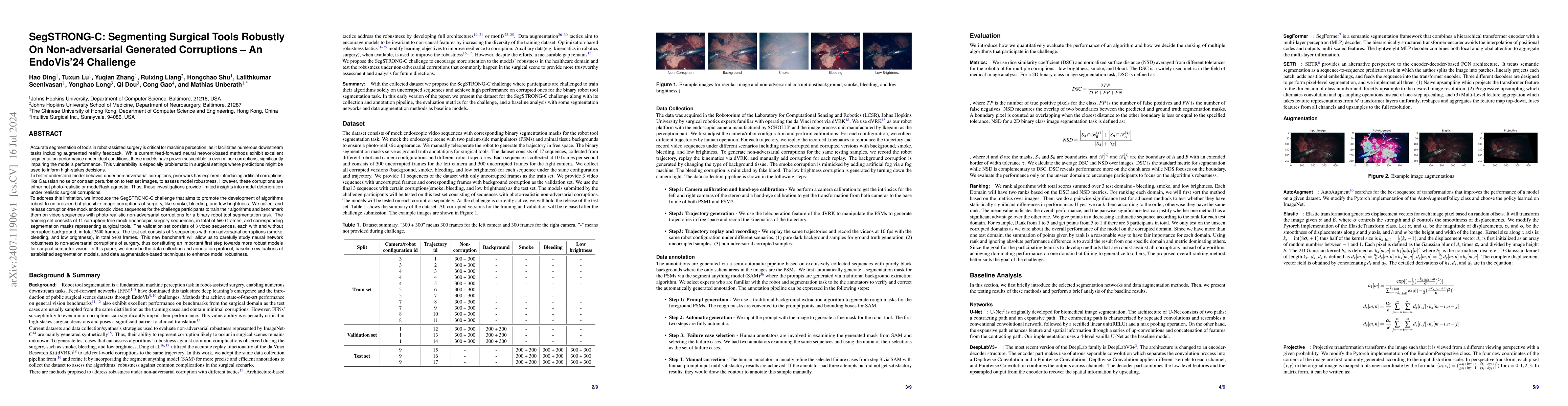Thumbnail for SegSTRONG-C: Segmenting Surgical Tools Robustly On Non-adversarial
  Generated Corruptions -- An EndoVis'24 Challenge