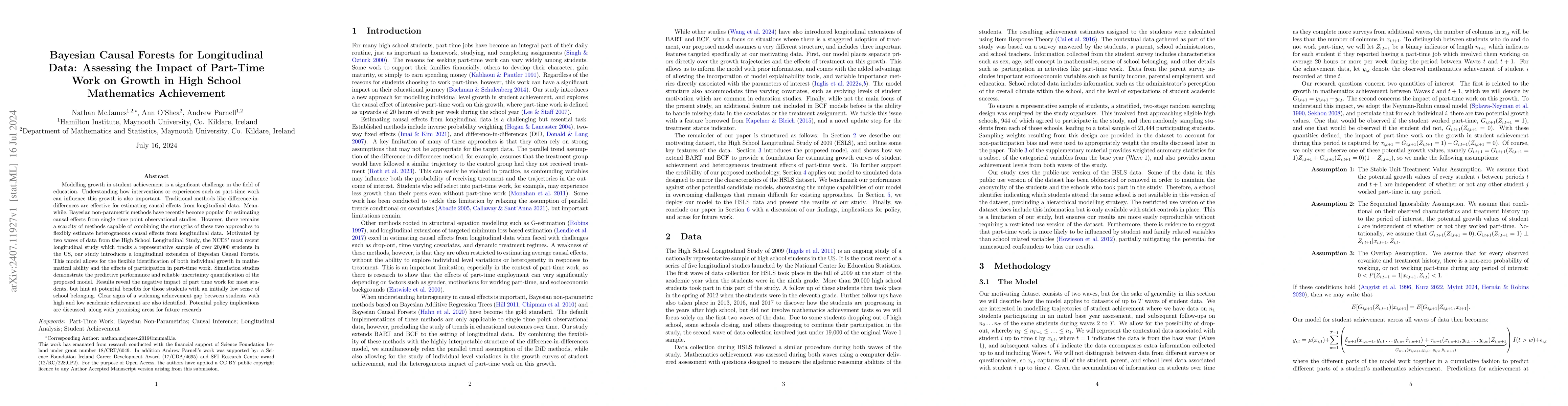 Thumbnail for Bayesian Causal Forests for Longitudinal Data: Assessing the Impact of
  Part-Time Work on Growth in High School Mathematics Achievement