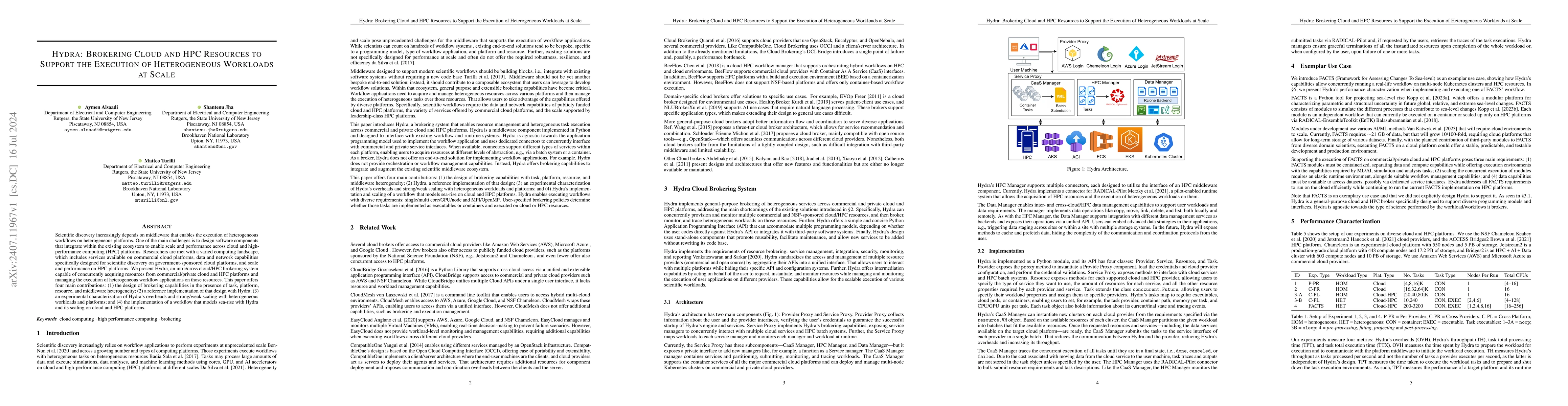 Thumbnail for Hydra: Brokering Cloud and HPC Resources to Support the Execution of
  Heterogeneous Workloads at Scale