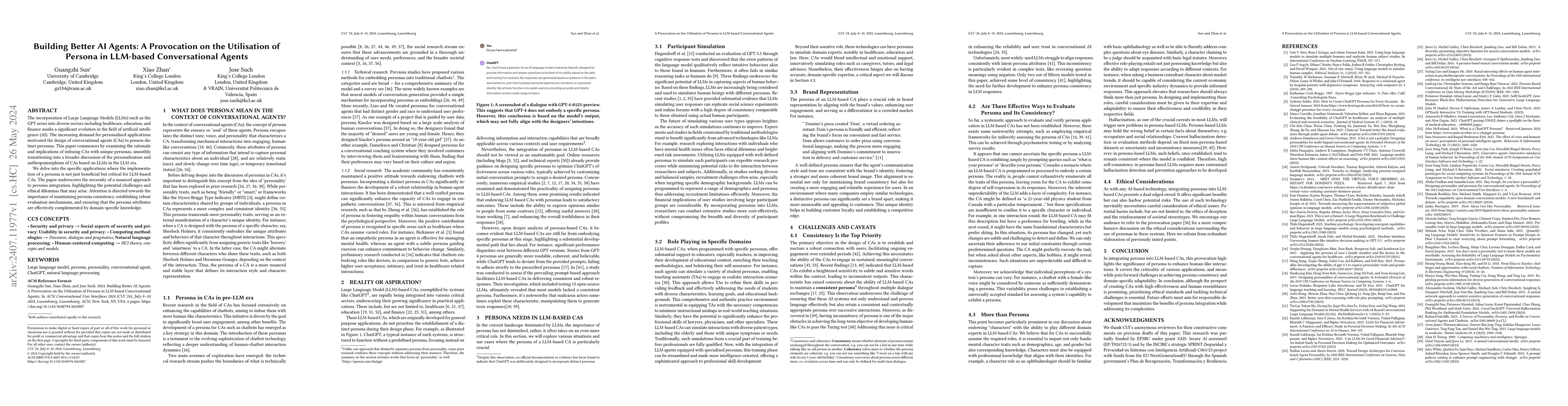 Thumbnail for Building Better AI Agents: A Provocation on the Utilisation of Persona
  in LLM-based Conversational Agents