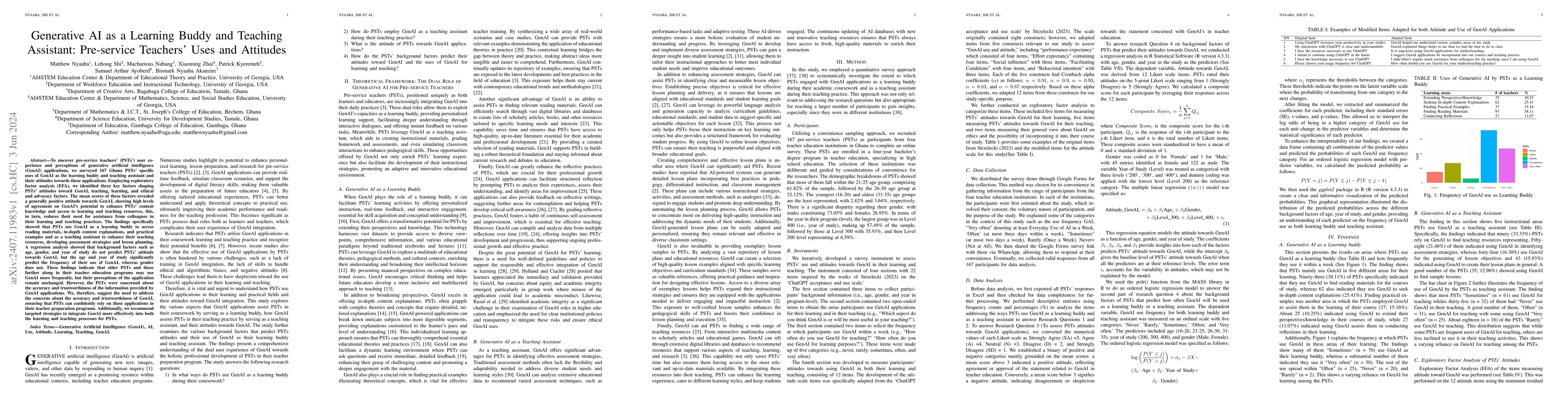 Thumbnail for Generative AI as a Learning Buddy and Teaching Assistant: Pre-service
  Teachers' Uses and Attitudes