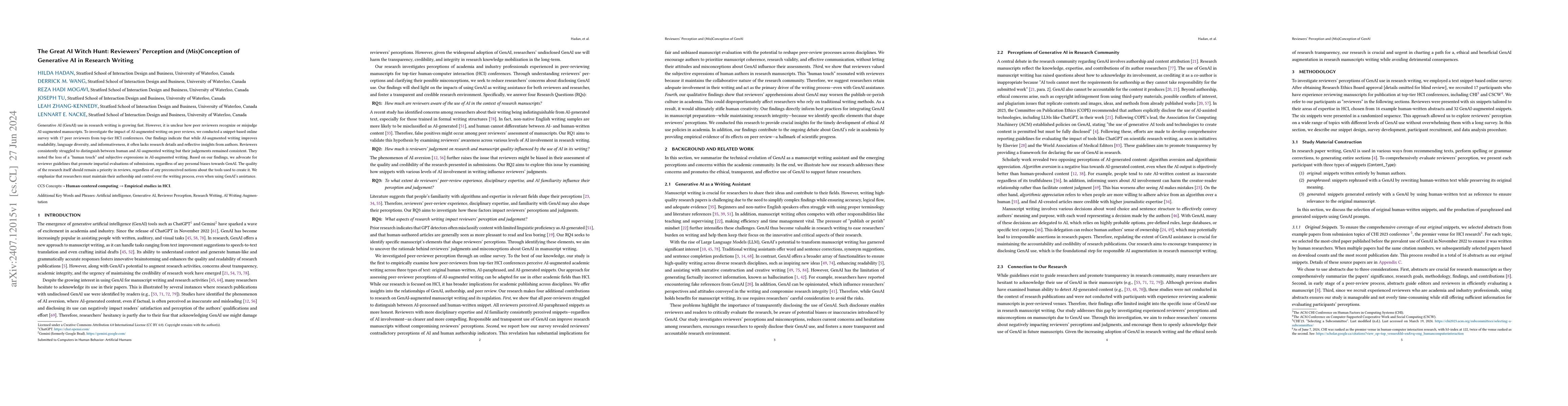 Thumbnail for The Great AI Witch Hunt: Reviewers Perception and (Mis)Conception of
  Generative AI in Research Writing