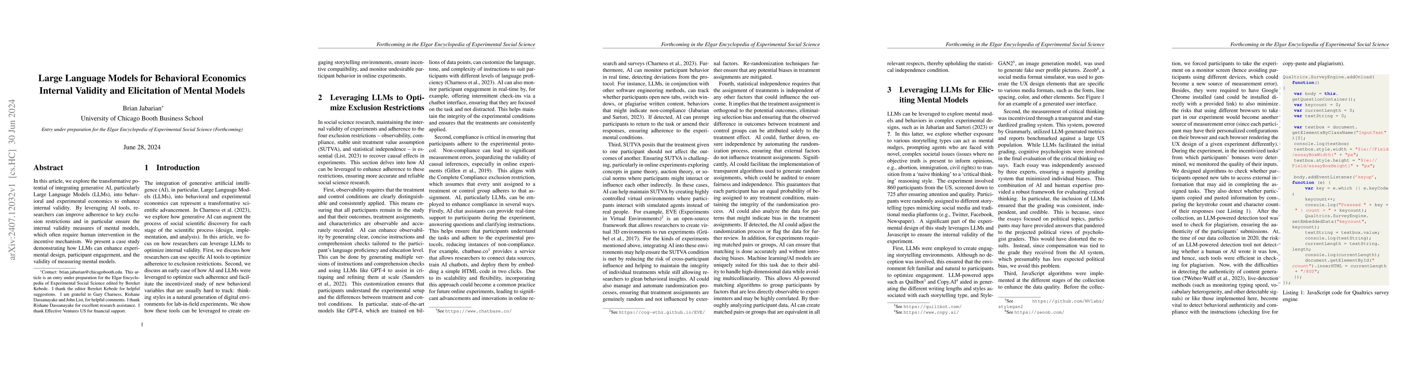 Thumbnail for Large Language Models for Behavioral Economics: Internal Validity and
  Elicitation of Mental Models