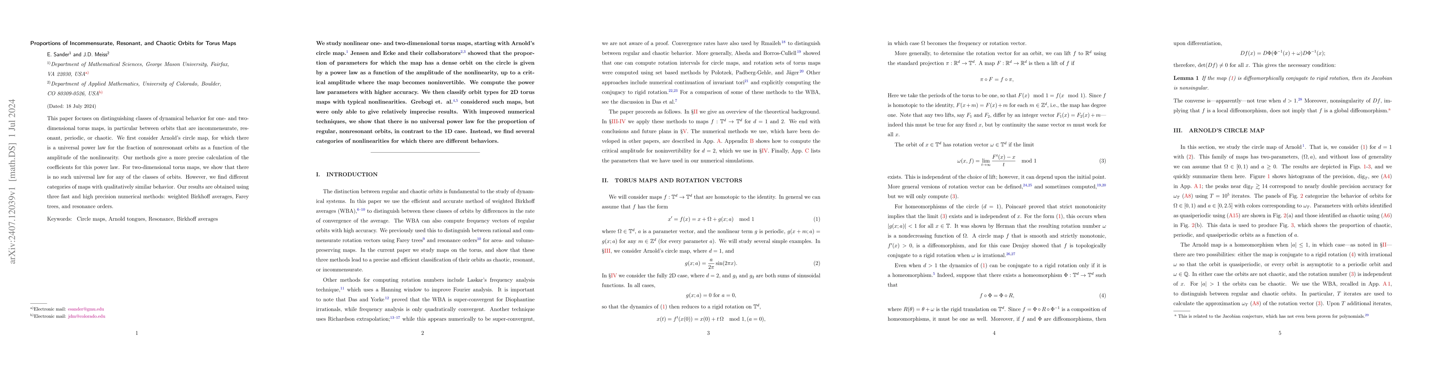 Thumbnail for Proportions of Incommensurate, Resonant, and Chaotic Orbits for Torus
  Maps