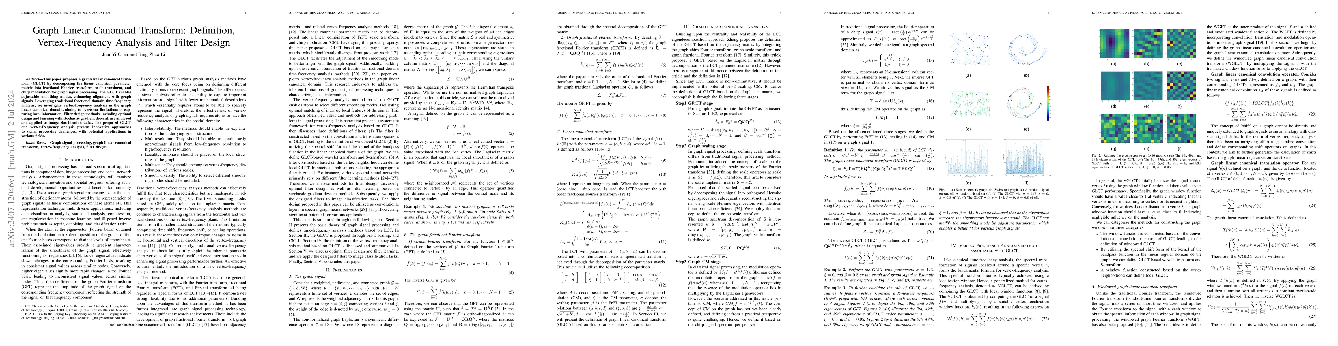 Thumbnail for Graph Linear Canonical Transform: Definition, Vertex-Frequency Analysis
  and Filter Design