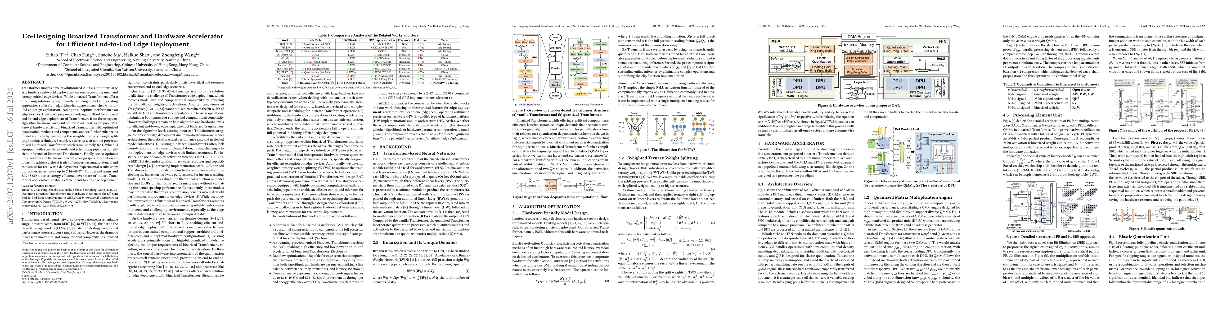Thumbnail for Co-Designing Binarized Transformer and Hardware Accelerator for
  Efficient End-to-End Edge Deployment