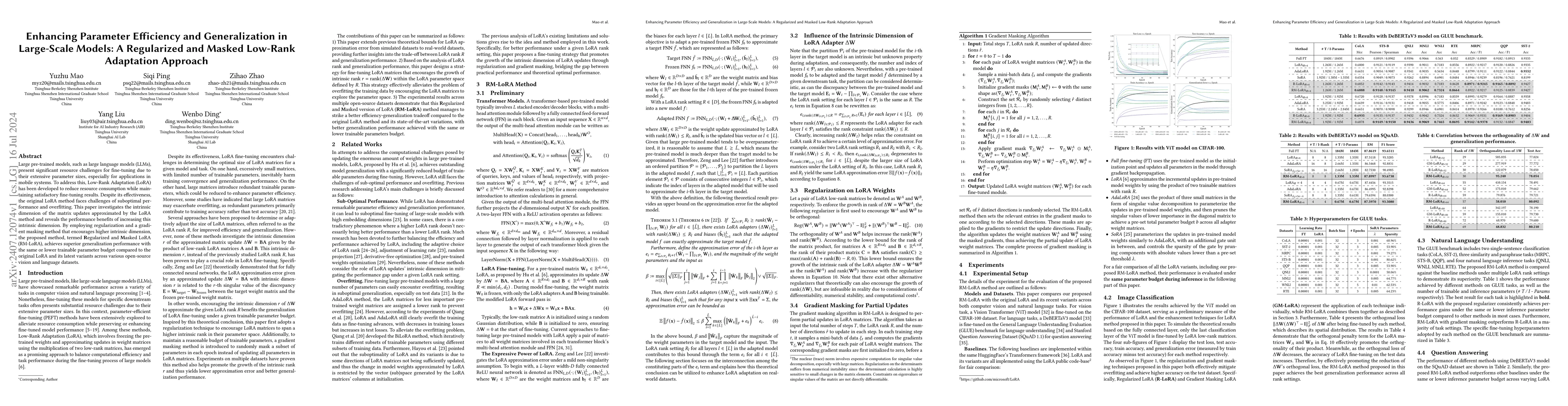 Thumbnail for Enhancing Parameter Efficiency and Generalization in Large-Scale Models:
  A Regularized and Masked Low-Rank Adaptation Approach