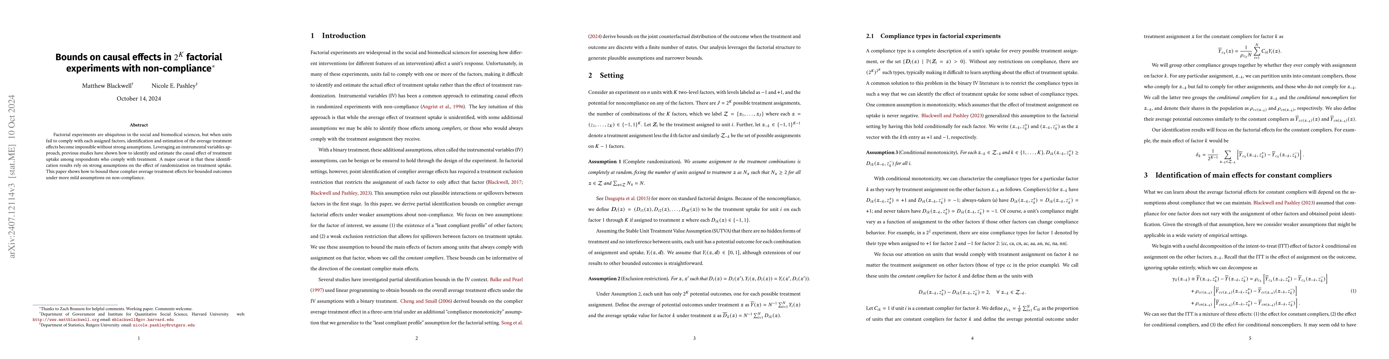 Thumbnail for Bounds on causal effects in $2^{K}$ factorial experiments with
  non-compliance