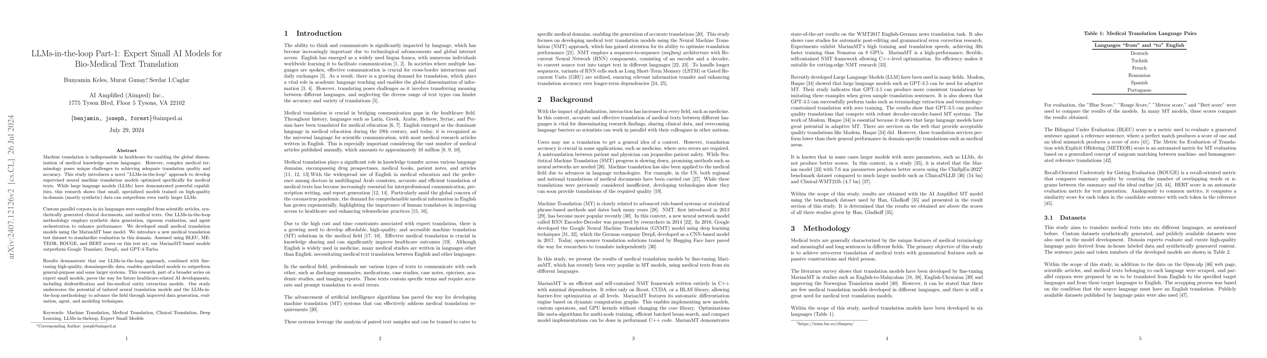 Thumbnail for LLMs-in-the-loop Part-1: Expert Small AI Models for Bio-Medical Text
  Translation
