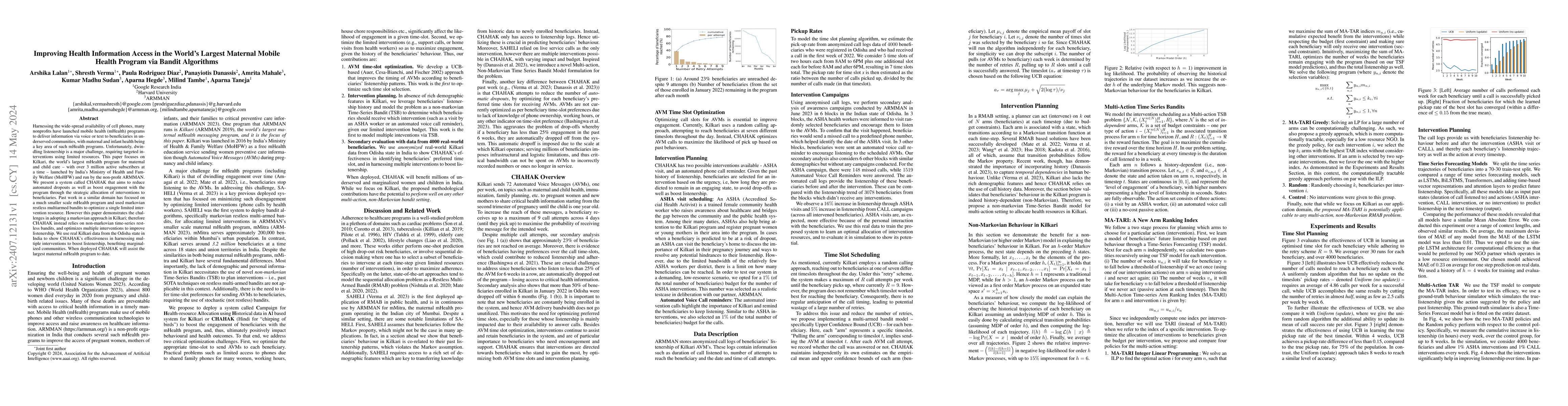 Thumbnail for Improving Health Information Access in the World's Largest Maternal
  Mobile Health Program via Bandit Algorithms