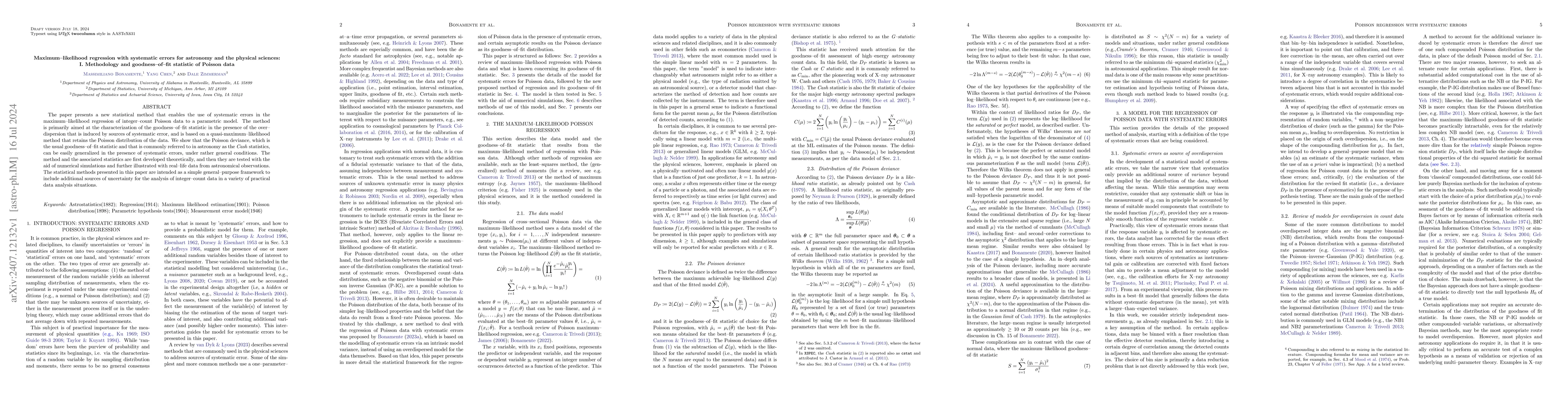 Thumbnail for Maximum-likelihood regression with systematic errors for astronomy and
  the physical sciences: I. Methodology and goodness-of-fit statistic of
  Poisson data