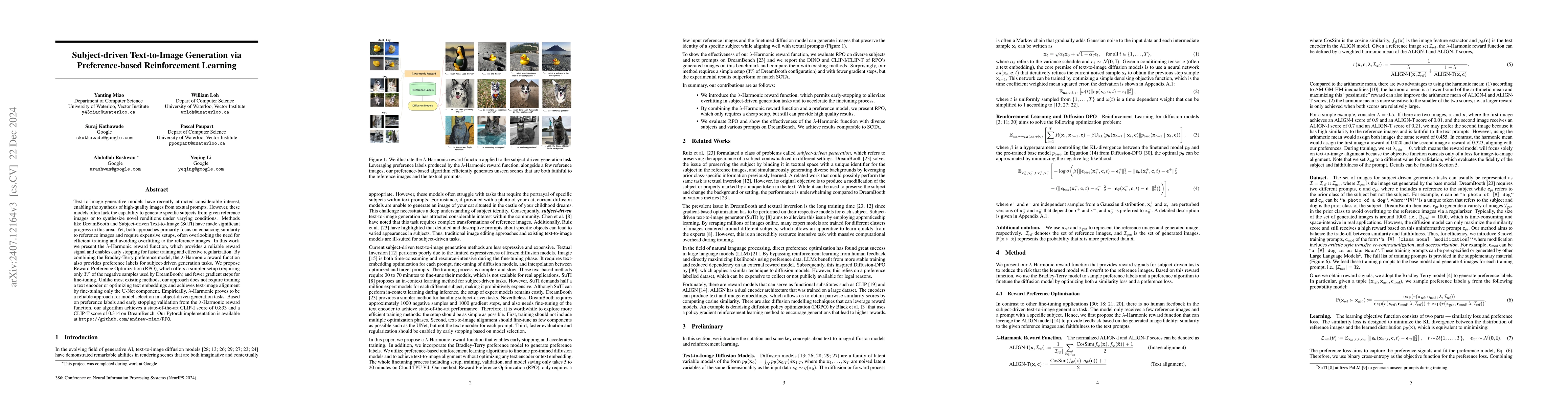 Thumbnail for Subject-driven Text-to-Image Generation via Preference-based
  Reinforcement Learning