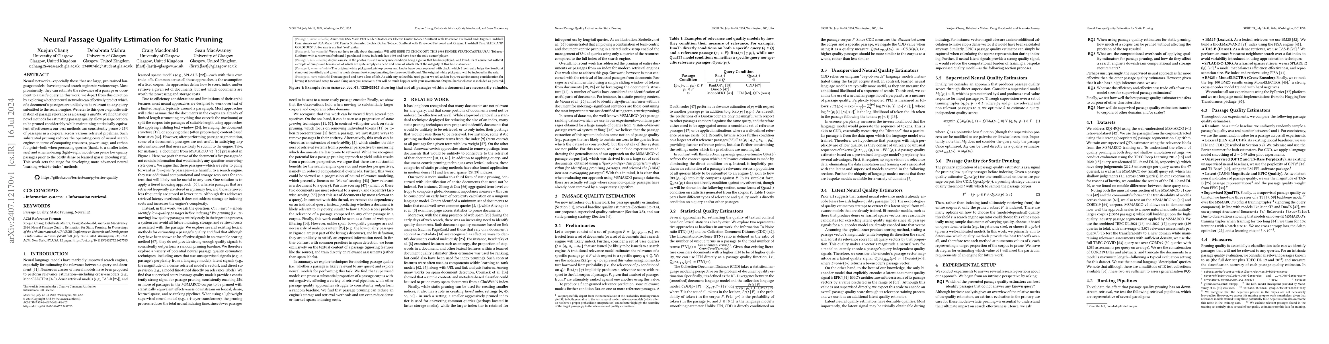 Thumbnail for Neural Passage Quality Estimation for Static Pruning