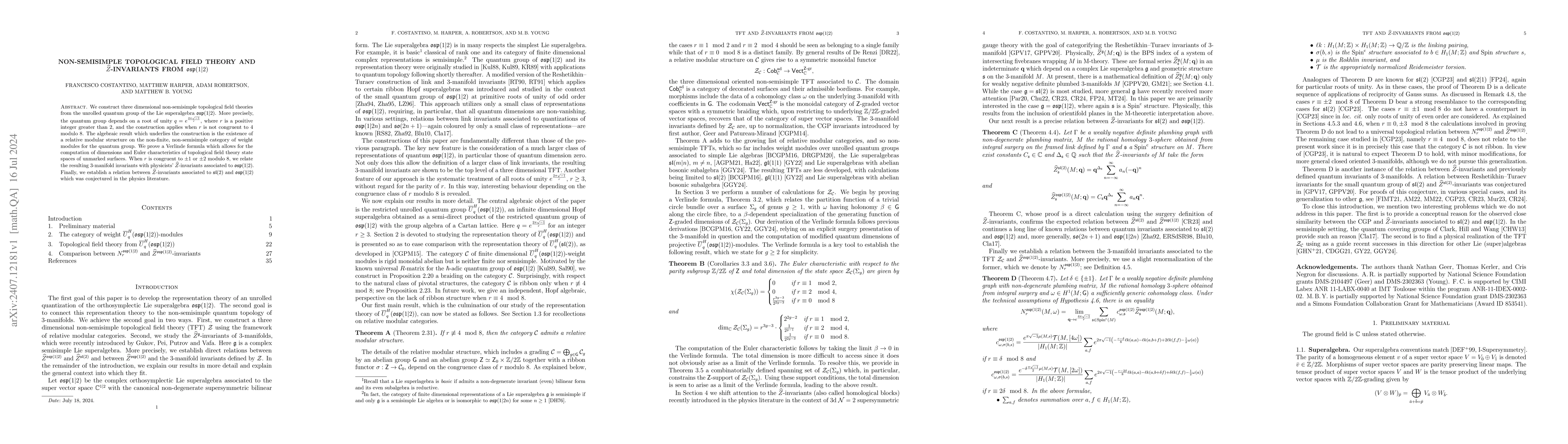 Thumbnail for Non-semisimple topological field theory and $\widehat{Z}$-invariants
  from $\mathfrak{osp}(1 \vert 2)$