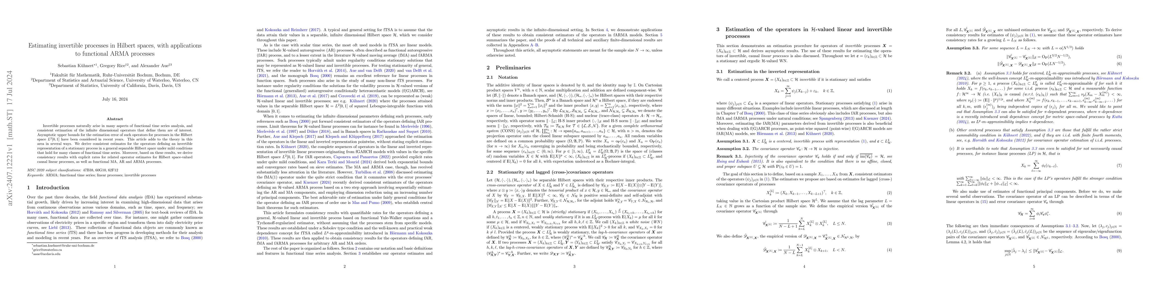 Thumbnail for Estimating invertible processes in Hilbert spaces, with applications to
  functional ARMA processes
