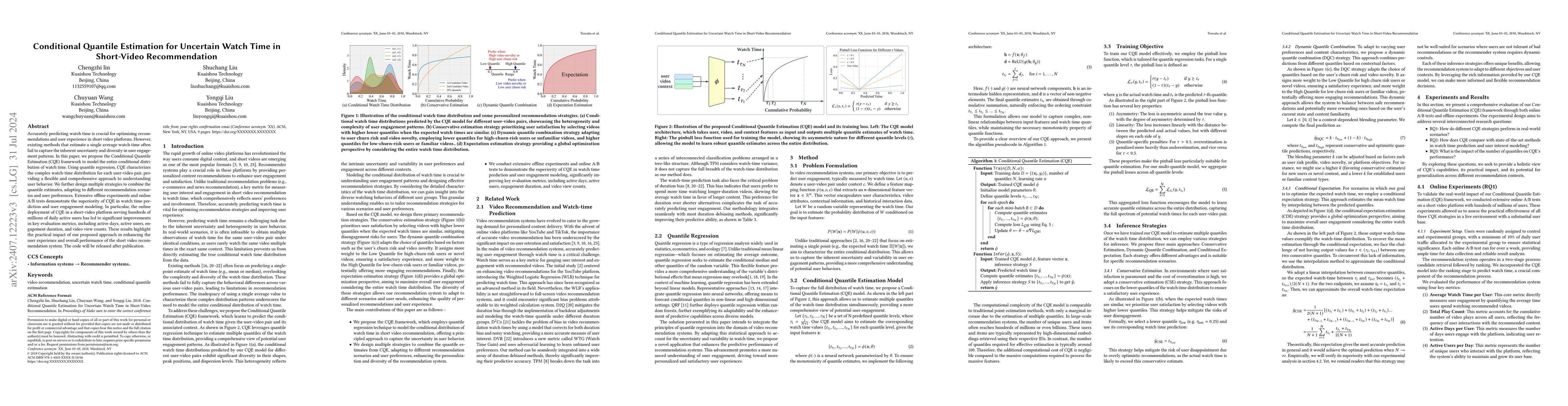 Thumbnail for Conditional Quantile Estimation for Uncertain Watch Time in Short-Video
  Recommendation