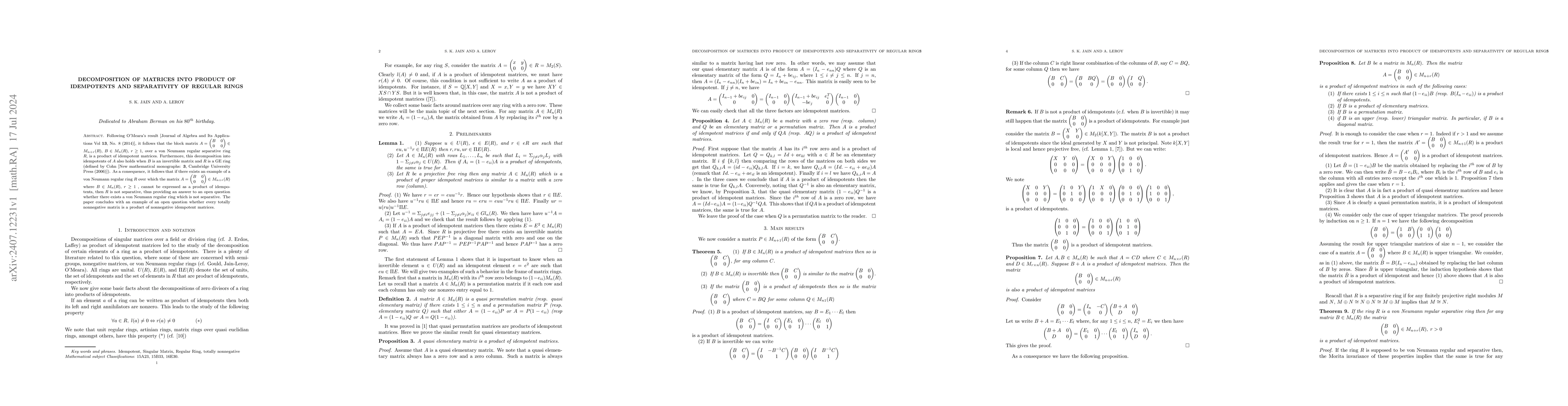 Thumbnail for Decomposition of matrices into product of idempotents and separativity
  of regular rings
