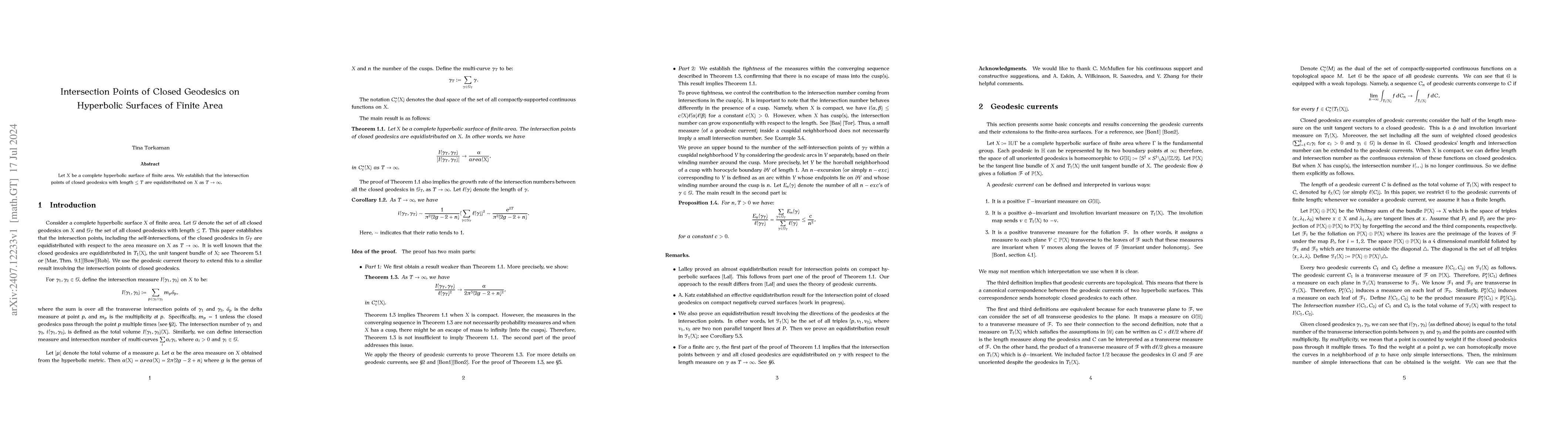 Thumbnail for Intersection Points of Closed Geodesics on Hyperbolic Surfaces of Finite
  Area