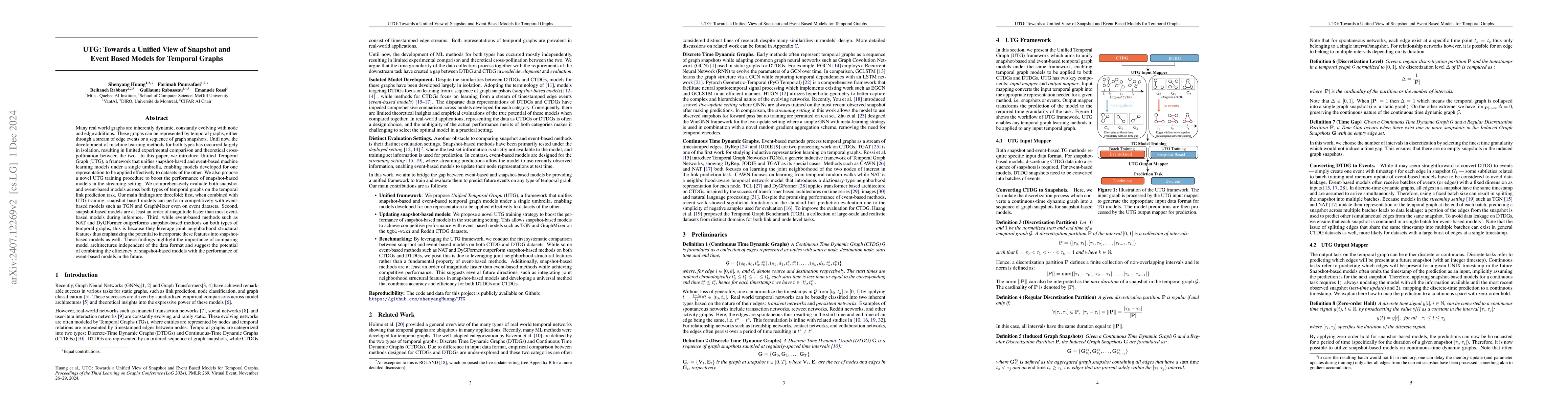 Thumbnail for UTG: Towards a Unified View of Snapshot and Event Based Models for
  Temporal Graphs