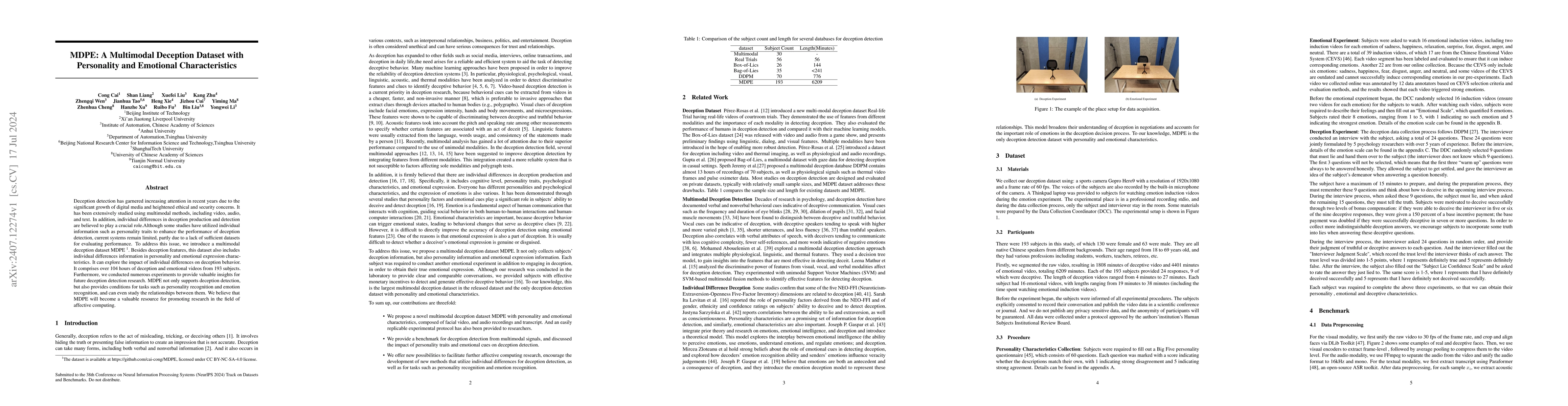 Thumbnail for MDPE: A Multimodal Deception Dataset with Personality and Emotional
  Characteristics