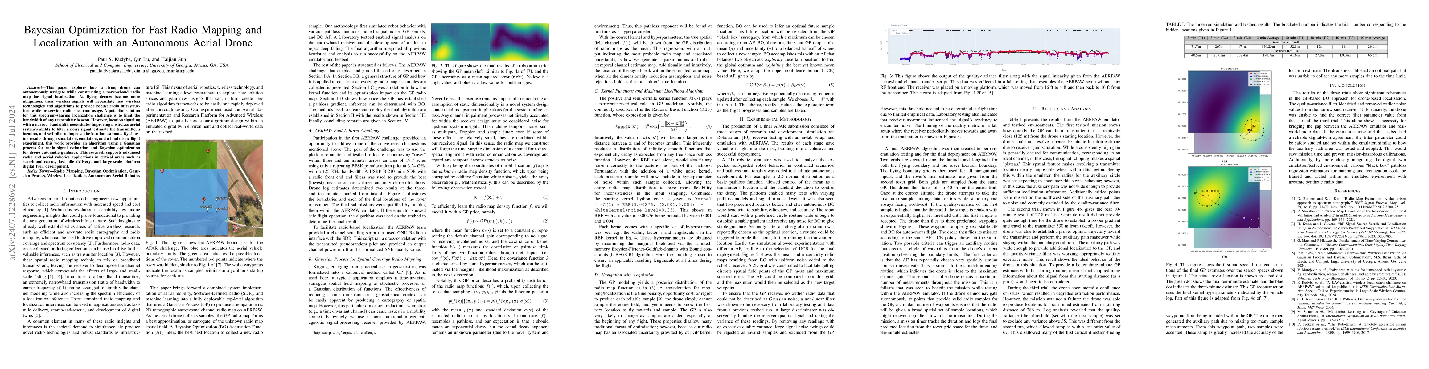 Thumbnail for Bayesian Optimization for Fast Radio Mapping and Localization with an
  Autonomous Aerial Drone