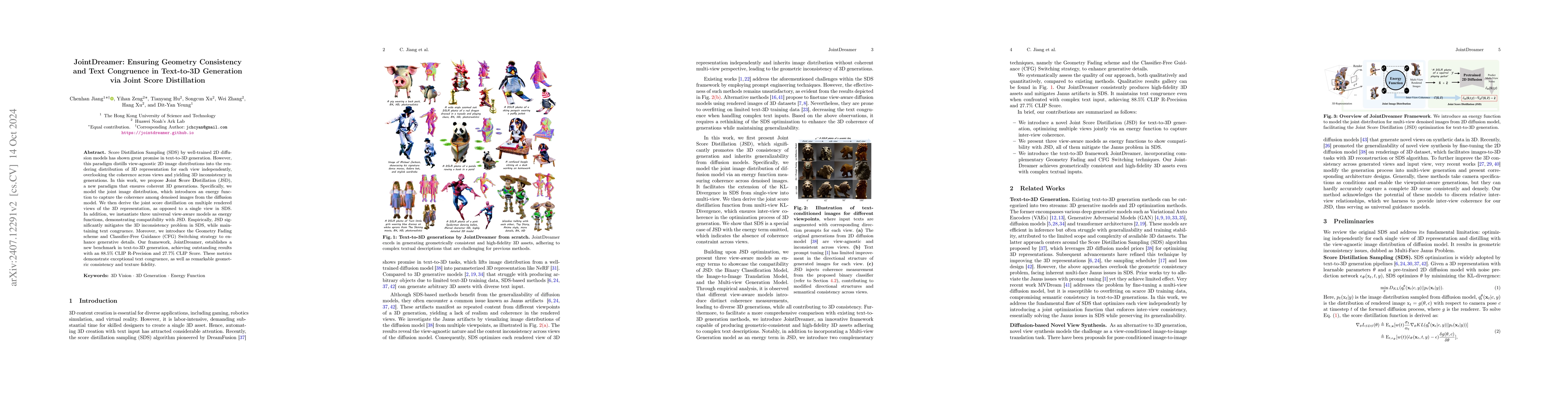 Thumbnail for JointDreamer: Ensuring Geometry Consistency and Text Congruence in
  Text-to-3D Generation via Joint Score Distillation