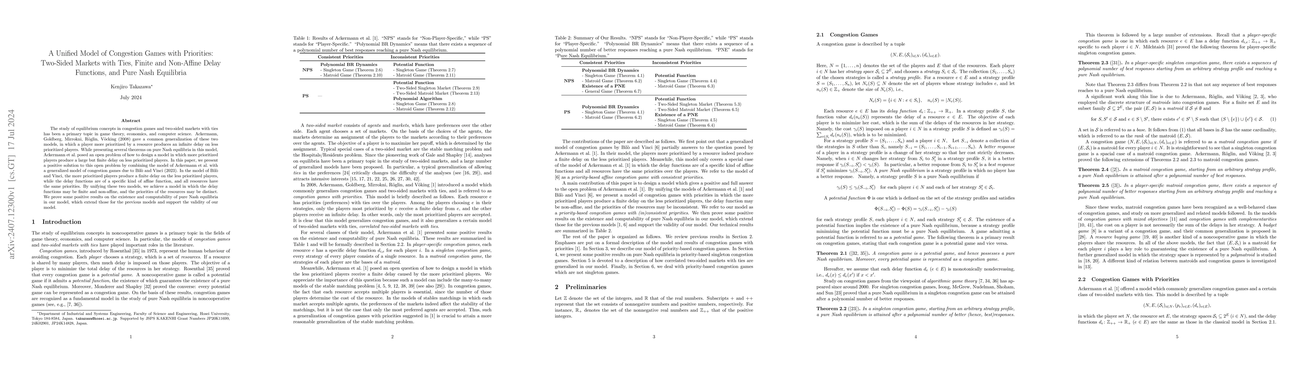 Thumbnail for A Unified Model of Congestion Games with Priorities: Two-Sided Markets
  with Ties, Finite and Non-Affine Delay Functions, and Pure Nash Equilibria