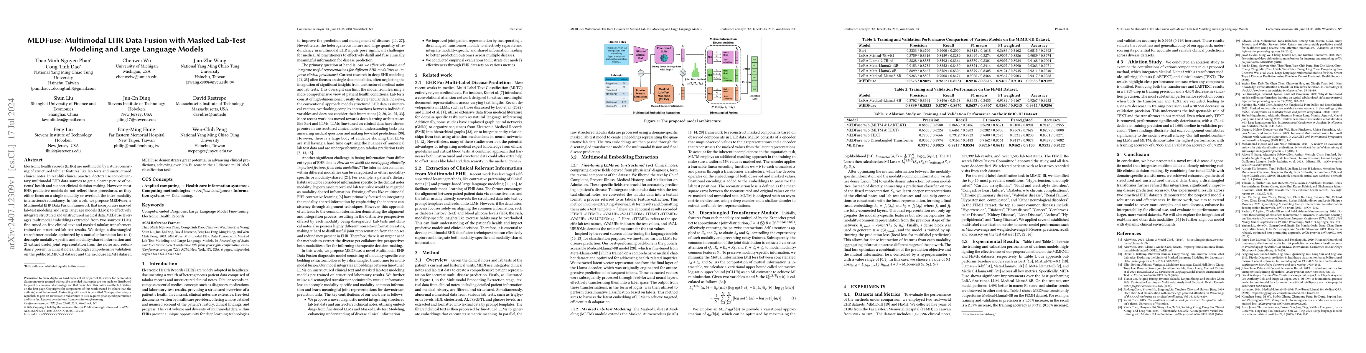 Thumbnail for MEDFuse: Multimodal EHR Data Fusion with Masked Lab-Test Modeling and
  Large Language Models