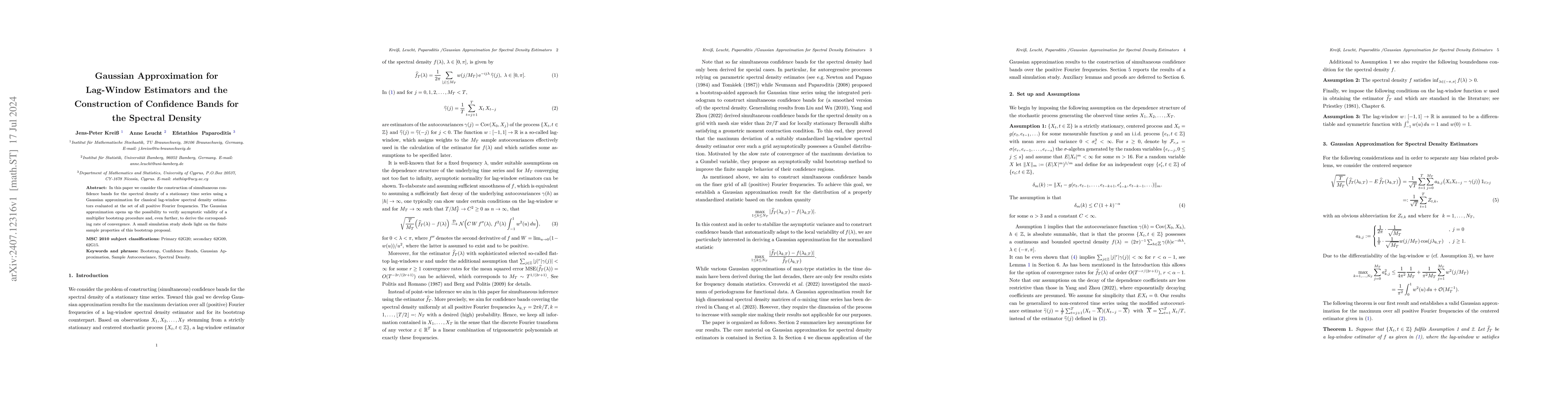 Thumbnail for Gaussian Approximation for Lag-Window Estimators and the Construction of
  Confidence bands for the Spectral Density