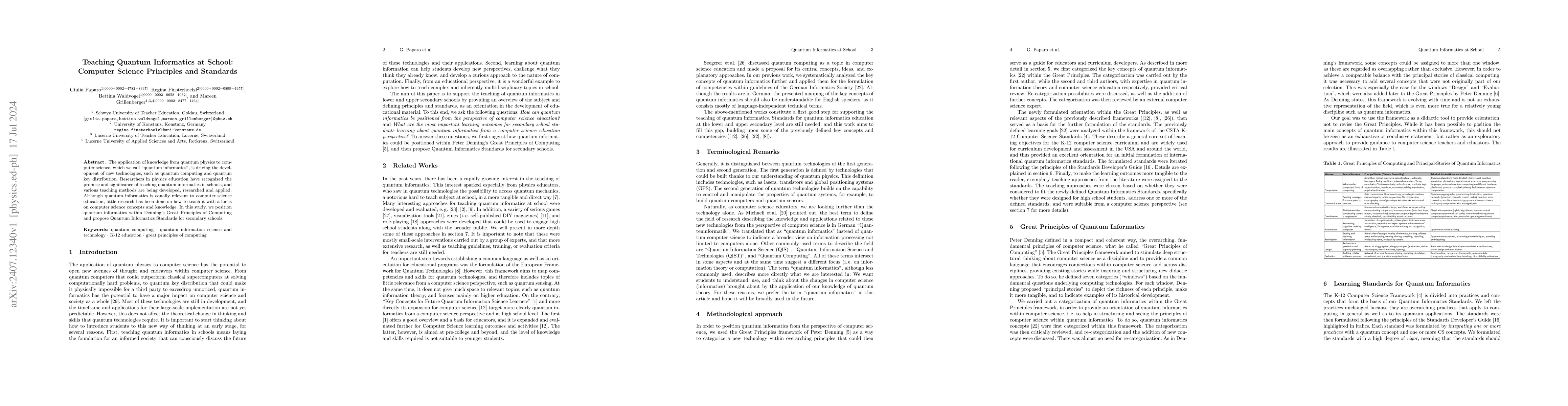 Thumbnail for Teaching Quantum Informatics at School: Computer Science Principles and
  Standards