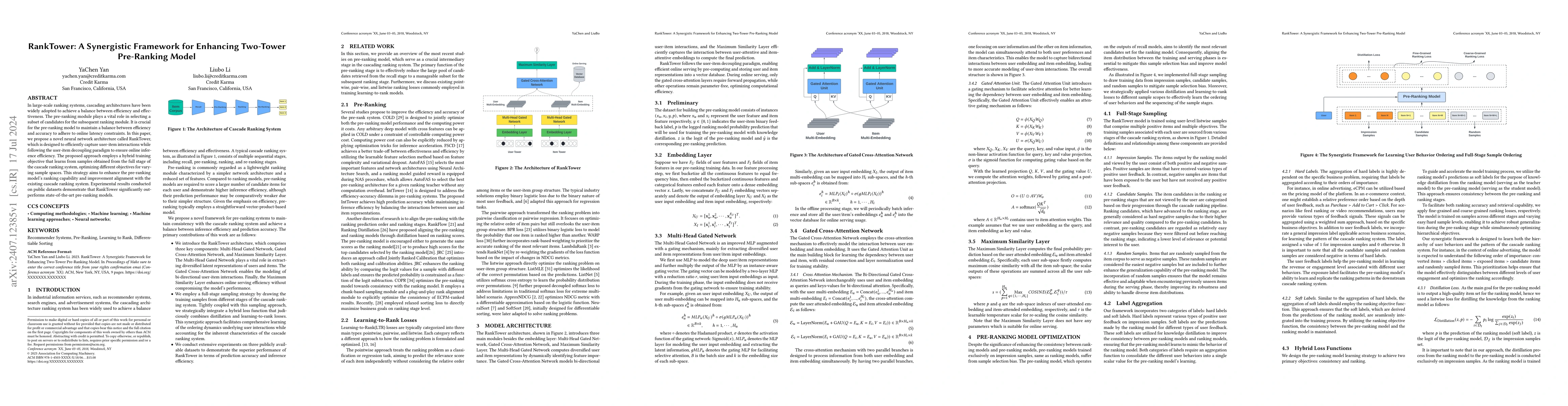 Thumbnail for RankTower: A Synergistic Framework for Enhancing Two-Tower Pre-Ranking
  Model