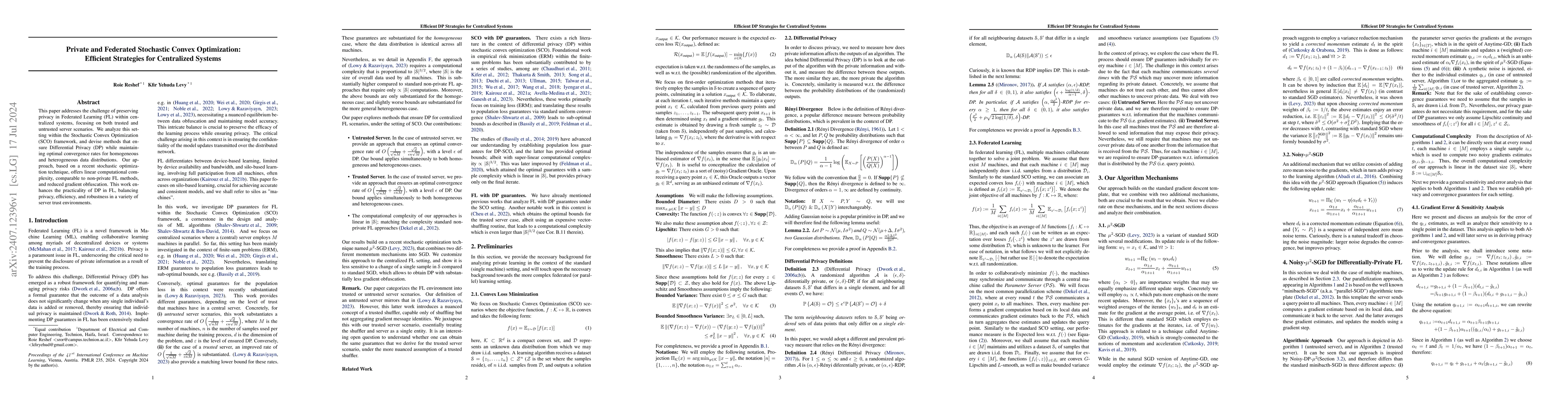 Thumbnail for Private and Federated Stochastic Convex Optimization: Efficient
  Strategies for Centralized Systems