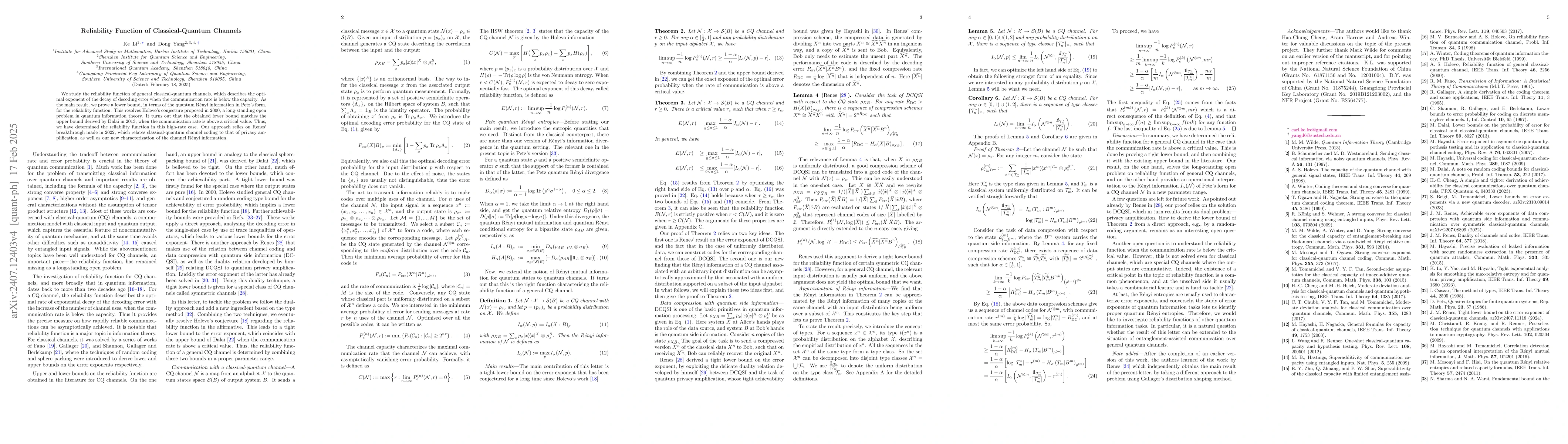 Thumbnail for Reliability Function of Classical-Quantum Channels